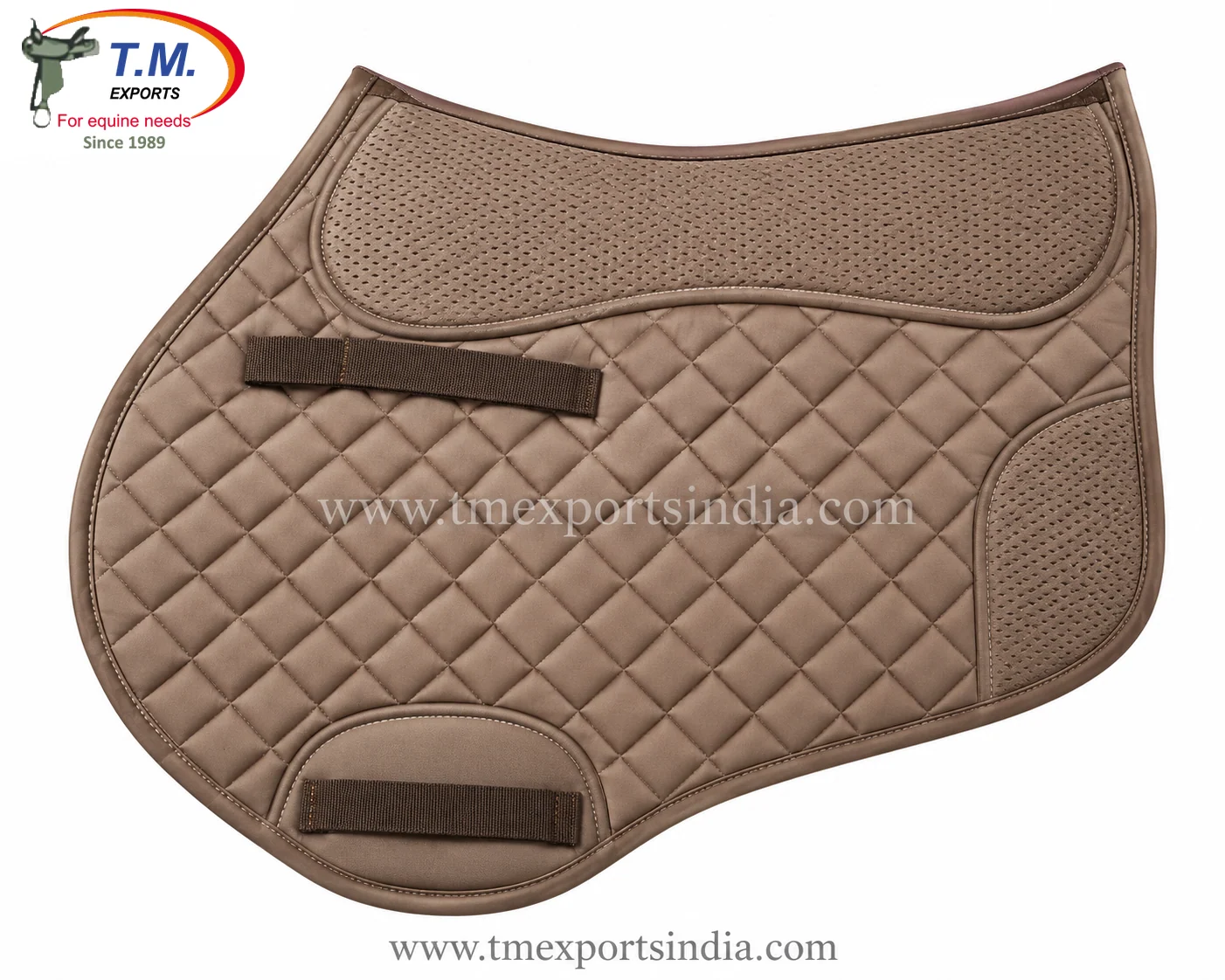 Taupe saddle pad with diamond quilting, perforated-look upper and lower inserts, and retaining straps.