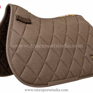 Taupe all-purpose saddle pad with large diamond quilting, textured-looking surface, and retaining straps.