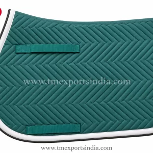 Teal rectangular saddle pad with chevron quilting, white border, black outer binding, and two girth straps.