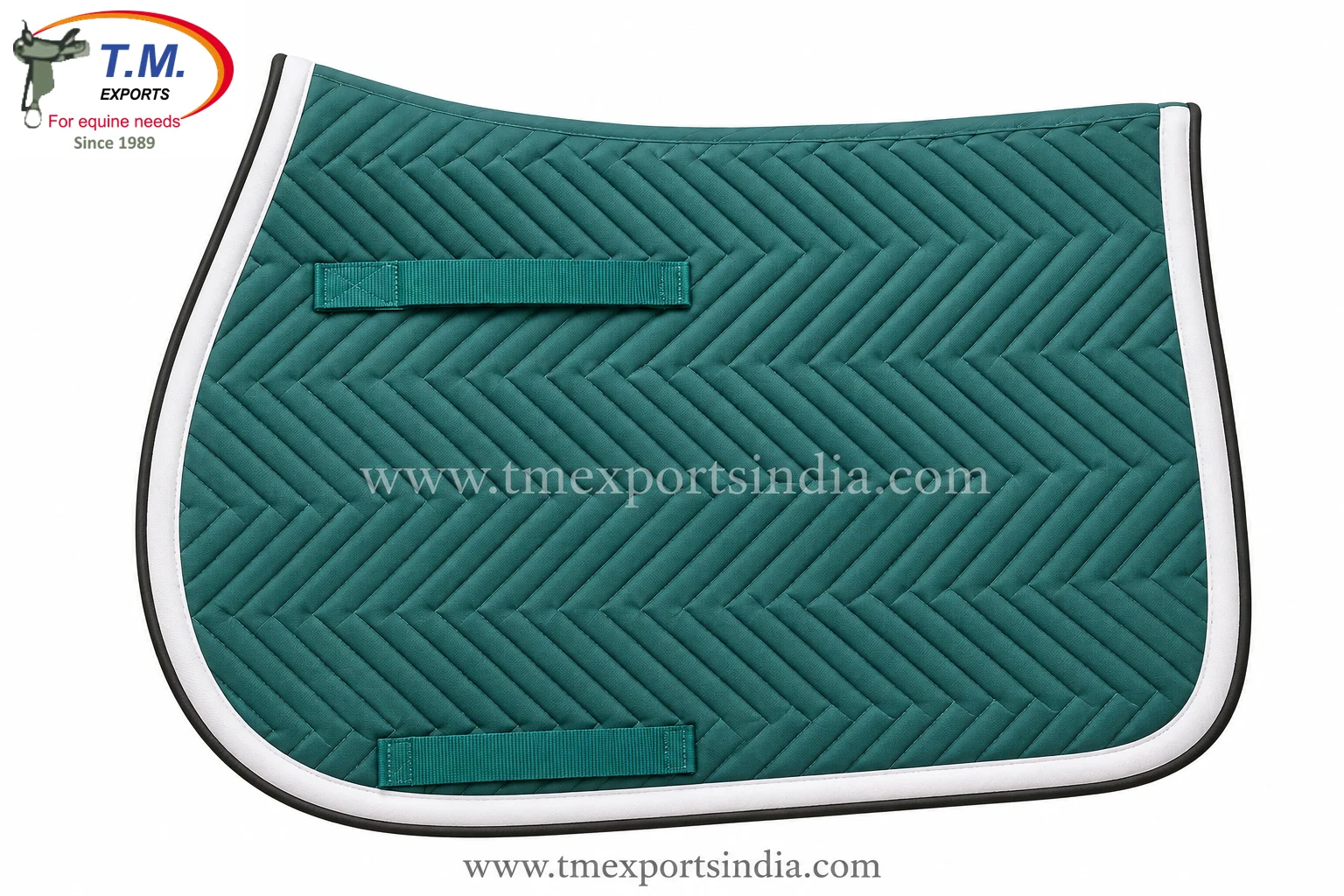 Teal rectangular saddle pad with chevron quilting, white border, black outer binding, and two girth straps.