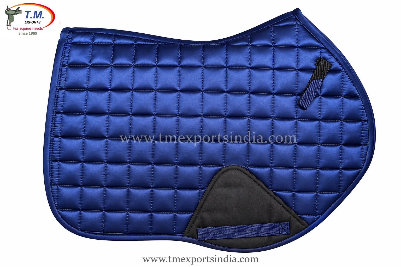 Royal blue saddle pad with square quilting, navy border, and black reinforced girth patch.