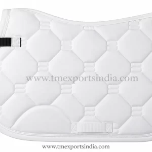 White dressage-cut saddle pad with large diamond quilting, integrated girth straps, and tone-on-tone trim.