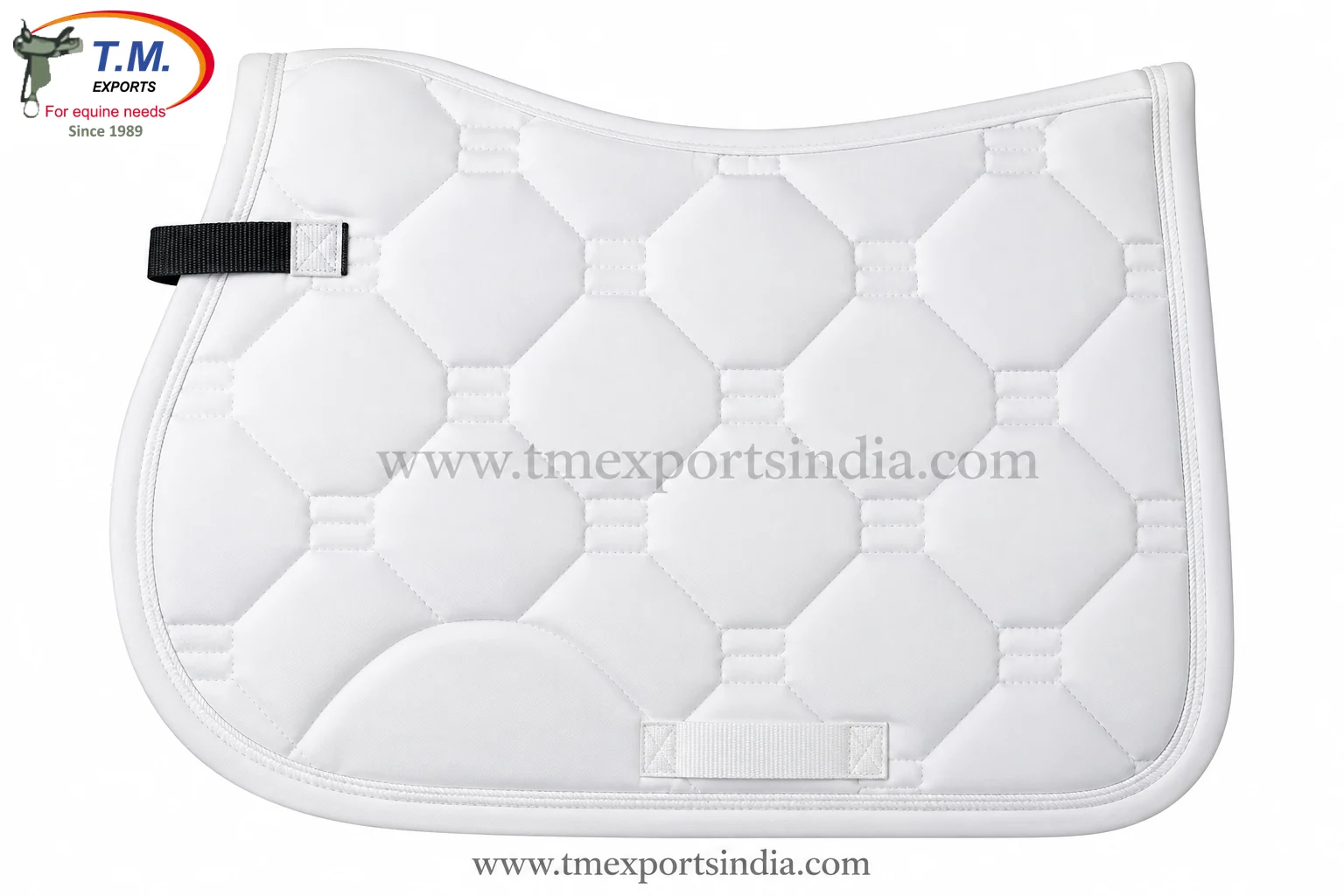 White dressage-cut saddle pad with large diamond quilting, integrated girth straps, and tone-on-tone trim.