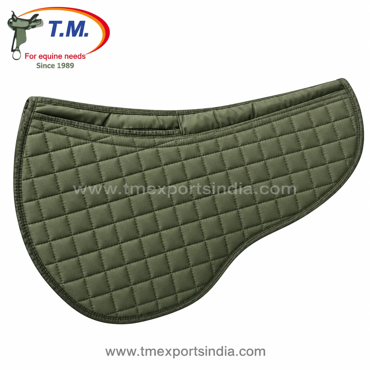 Olive green narrow contoured saddle pad with fine square quilting and raised center line.