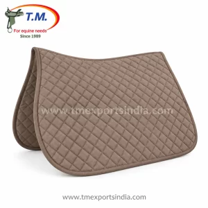 Taupe dressage-cut saddle pad with small diamond quilting, dark brown binding, and smooth curved corners.