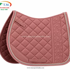 Dusty pink saddle pad with diamond quilting, decorative vertical panel, and silver-colored rope piping.