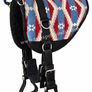 Western-inspired bareback riding pad with blue and red geometric textile pattern, dark plush lining, and black hanging stirrup straps.