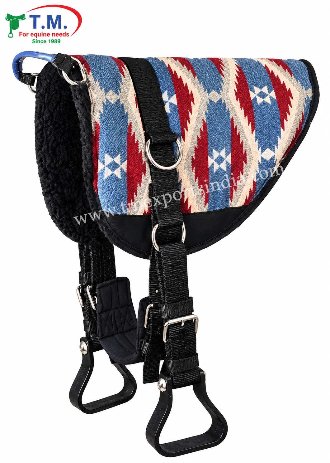 Western-inspired bareback riding pad with blue and red geometric textile pattern, dark plush lining, and black hanging stirrup straps.