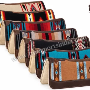 Assortment photograph showing several Western saddle pads with different multicolour Southwestern-style patterns.