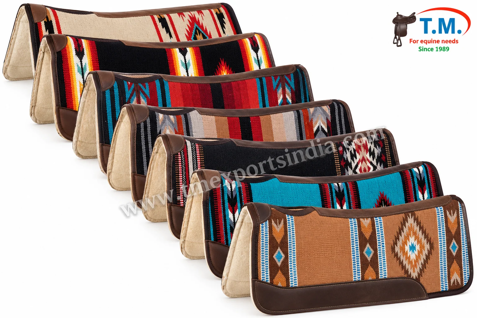 Assortment photograph showing several Western saddle pads with different multicolour Southwestern-style patterns.